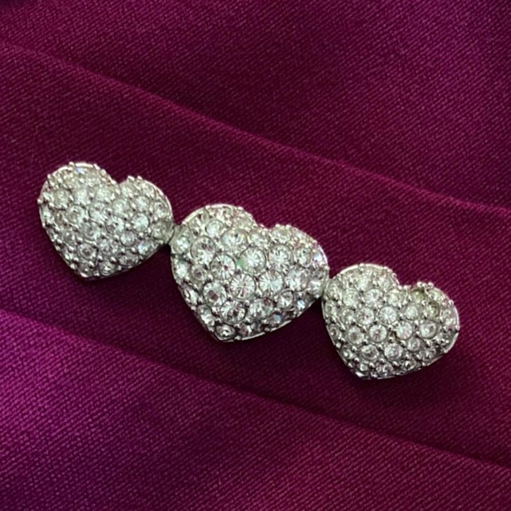 Swarovski Three-Heart Rhinestone silver Rhodium Plated brooch 2.5"